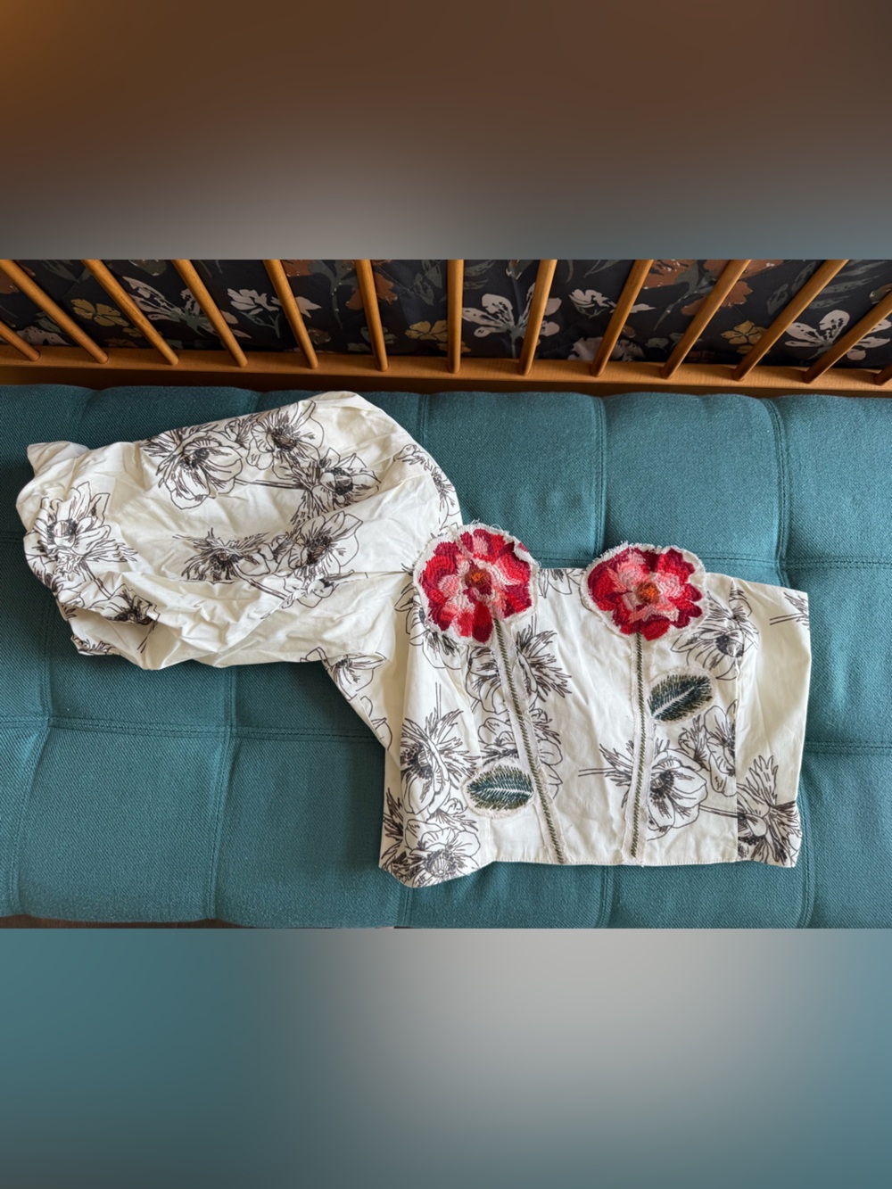 Embroidered White Crop Top with Red Floral Appliqué